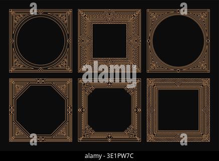Art deco frames with gold borders of vector line geometric ornaments and luxury decorative elements. Vintage art deco square frames set with geometric shapes pattern, ornate corners and borders Stock Vector