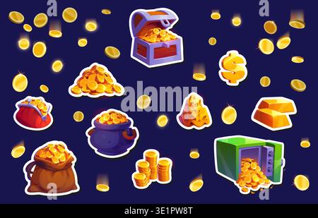 Coins, treasure and nuggets gold game asset stickers. Gaming app golden treasure vector objects, RPG game items. Mobile videogame opened safe and chest, sack and wallet full of coins, golden bar Stock Vector