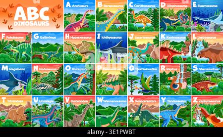 Kids dinosaurs english alphabet font typeset. English alphabet vector letters, extinct reptiles font typeset with prehistoric land and aquatic dinosaurs cute cartoon character in jungle landscape Stock Vector