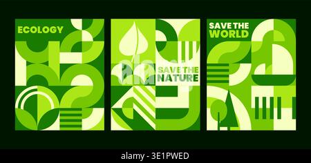 Ecology and environment posters with geometric Bauhaus pattern. Planet Earth day, environment and nature saving poster. Ecology pollution flyer or banner with abstract green Bauhaus shapes pattern Stock Vector