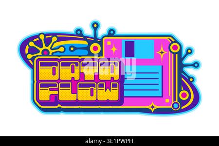 Computer data flow Y2K retro icon or emblem. Digital technology funky 2000s vector sign, 1990s computer vintage emblem. Retro software icon with floppy disk and pop art halftone typography Stock Vector