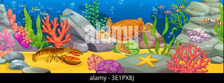 Cartoon sea turtle, lobster, tropical fish and coral reef under water landscape. Ocean underwater bottom scene vector background with sea turtle animal and plants, starfish, seashell and seaweeds Stock Vector