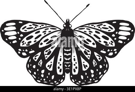 Black Butterfly Illustration With Ornate Wings, Highcontrast Linework And Symmetrical Pattern, Hand Drawn Ink Style Evokes Calm Elegant Mood, Suitable For Logo, Tattoo, Stationery, Packaging, Fabric Stock Vector