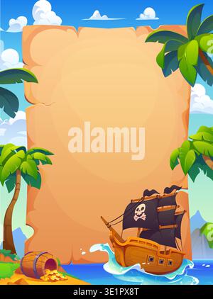 Pirate banner with sail ship and treasures island. Cartoon vector parchment map, adventure nautical background template with tropical beach, ocean, gold coins, palm trees and galleon with skull sails Stock Vector