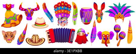 Barranquilla Colombian carnival holiday set. Vector Latin American festival traditional costumes, feathers, drum, maracas, animal masks, hats and instruments for celebrating culture and music carnival Stock Vector