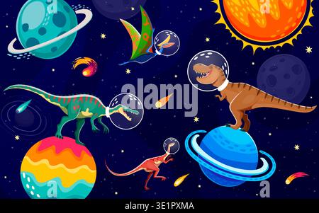 Dinosaur astronauts in outer space vector background. Cartoon cute dino characters in astronaut helmets dancing on alien galaxy planets among stars and comets. Funny tyrannosaurus dinosaur spaceman Stock Vector