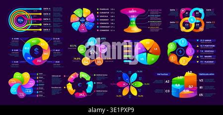 Presentation infographics diagram chart elements template layout, vector info graphs. Infographic pie, step, circle and flow charts, abstract circular pyramid and progress diagrams Stock Vector