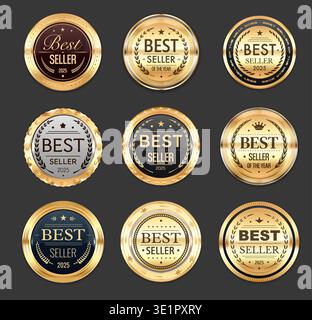 Best seller award seals, golden badges and labels, medals or marks with laurel wreaths, stars and crowns. Vector bestseller award and gold medal badges set for book, brand or product promotion Stock Vector