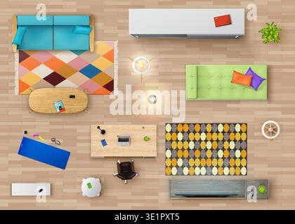 Top view interior furniture. Home office or cabinet room plan, furniture realistic vector top view layout. House or apartment living room floorplan with work table, sofa, TV stand and fitness mat Stock Vector