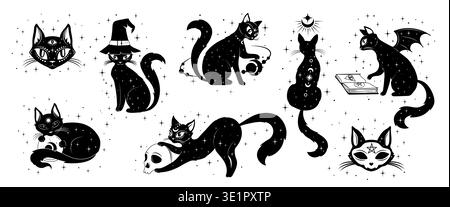Tarot card black magic cats and mystic witch pet animals for esoteric, vector icons. Funny cats in witch hats playing with skull or celestial planets and pentagram stars in Boho design for Tarot cards Stock Vector