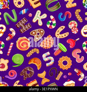 Dessert font letters, bakery sweet candy type seamless pattern. Wrapping paper vector seamless background or fabric print. Textile backdrop or cartoon pattern with cookies, candies, pie and ice cream Stock Vector