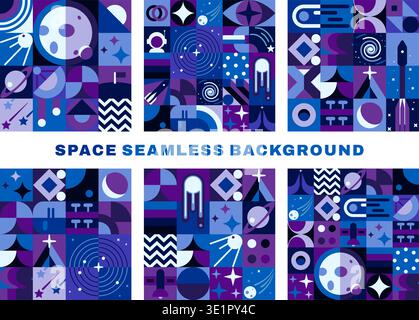 Galaxy space seamless patterns with modern geometric Bauhaus elements. Cosmos vector background with Bauhaus pattern. Space seamless print with purple and blue satellite, rocket spaceship and planets Stock Vector