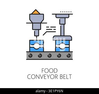 Automatic food production conveyor, manufacture icon or symbol. Robotic manufacture color line pictogram, conveyor mass production vector symbol. Automatic factory icon with conveyor belt machinery Stock Vector