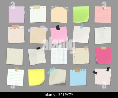 Memo note paper with adhesive tape, pins and clips. Vector note paper sheets, graph and lined notebook pages, notepad stickers with torn edges and sticky tape, scrapbooking and school stationery set Stock Vector