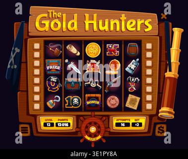 Online casino slot machine with pirate and corsair icons, vector gambling game board UI. Pirate slot machine game board of online casino with cartoon corsair treasure map, chest and jack pot gold coin Stock Vector