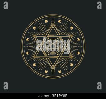 Mystical, magic and astrology occult symbol with glowing golden Star of David in sacred circle, radiating light and surrounded by crescent moons. Esoteric vector symbol for spiritual talisman Stock Vector