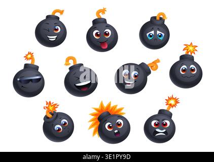 Cartoon funny bomb mascots and characters with emotions, emoji personages. Grenade funny vector personage, dynamite cheerful mascot. Bomb character with happy smiling, crying, laughing and angry face Stock Vector