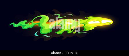 Game laser gun shoot green fire ray blast effect. Game gun shot beam, laser weapon attack isolated vector flash effect. Fantasy blaster energy ray or blast with fiery fireball and green smoke cloud Stock Vector