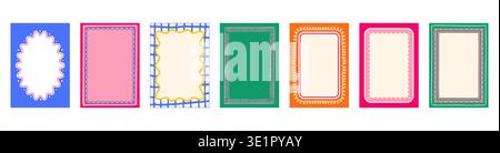 Set of seven colorful decorative frames and borders in doodle style Stock Vector