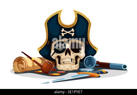 Pirate captain skull with eye patch in tricorn hat, vector treasure map, dagger, coins and compass. Cartoon evil skull of dead pirate skeleton with smoking pipe and pistol. Medieval piracy mascot Stock Vector