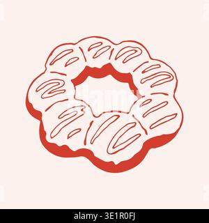 Vector illustration of a ring donut with sugar glaze or frosting. Hand drawn red line art icon of sweet pastry donut for coffee shop branding and Stock Vector