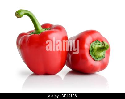 Two Red Bell peppers isolated on a white background, clipping path included. Stock Photo