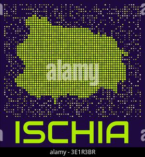Ischia dots map. Italy. Digital style shape of the island. Ischia map and title lime colored square dots with round corners. Stock Vector