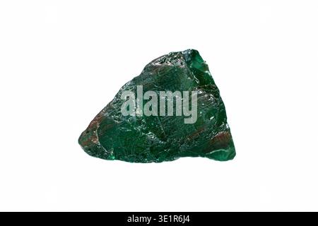 Rare natural rough emerald green cat’s eye apatite gemstone on white background Stock Photo