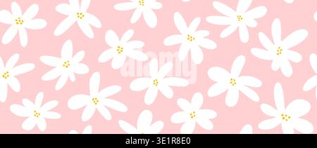 White pink flower seamless pattern background. Cute hand drawn floral repeated wallpaper. Romantic blossom motif for textile print, fabric swatch, dress ornament, wrapping paper. Vector  Stock Vector