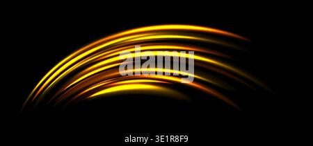Bright yellow light trail element. Glowing neon speed line waves. Hot golden luminous curved path concept. Abstract bent dynamic motion stripes. Shiny gold streaks for poster, banner, flyer. Vector Stock Vector