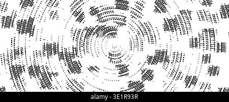 Abstract radial pixelated halftone pattern. Circular pixel explosion background. Rotating scattered dotted texture overlay bg. Vector radial spinning backdrop. Fading square fragment wallpaper Stock Vector