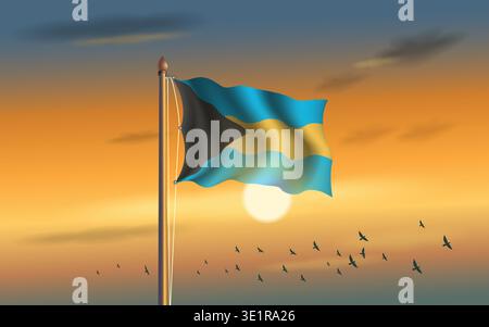 Bahamas flag flying in the sky with sunset background Stock Vector