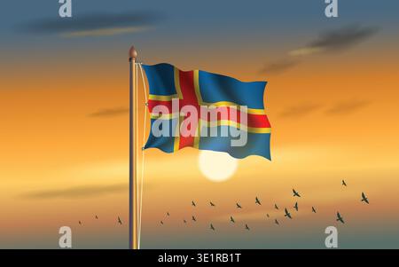 Aland Islands flag flying in the sky with sunset background Stock Vector