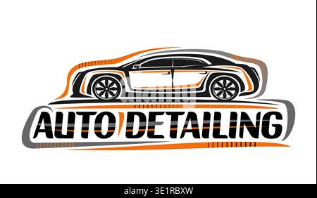 Vector logo for Car Detailing, horizontal poster with line illustration of modern expensive car, decorative sign board with hand drawn washing vehicle Stock Vector