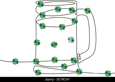 Outline drawn mug with quatrefoil Clover leaves by design One Continuous line Minimalist flat design. Vector illustration St Patricks Day Greeting Thematic Card Social media post, banner, leaflet, tag Stock Vector