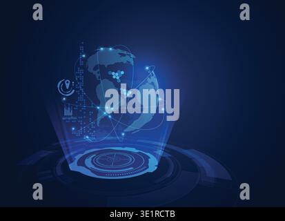 concept of communication technology, wireframe globe with digital radar Stock Vector