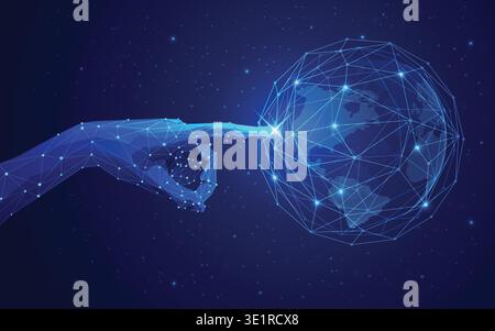 concept of global network or communication technology, futuristic hand pointing on wireframe globe Stock Vector