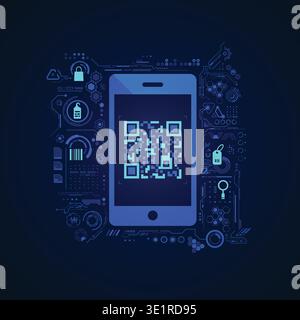 concept of online shopping technology, qr code on mobile phone with digital interface Stock Vector