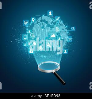 concept of search engine development, realistic magnifying glass with futuristic globe and digital technology icons Stock Vector