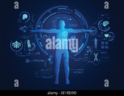 concept of medical or health care technology, shape of human with digital body analysis interface Stock Vector