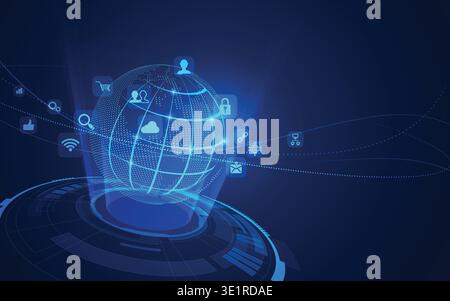 concept of communication technology or global network, futuristic globe with digital technology icons Stock Vector