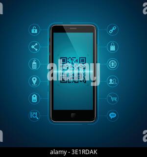 concept of qr code technology, realistic mobile phone with business icons Stock Vector