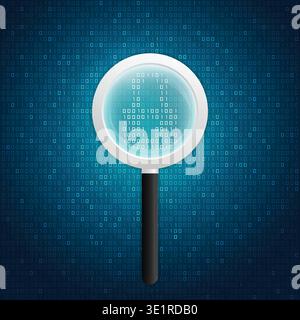 concept of cyber security or virus scan, realistic magnifying glass on binary code Stock Vector