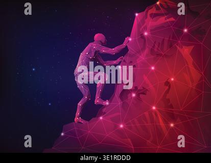 concept of achievement of hard working, low poly man climbing mountain in sci-fi style Stock Vector
