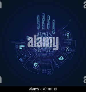 concept of cyber security or biometrics, graphic of futuristic handprint with digital technology icons Stock Vector
