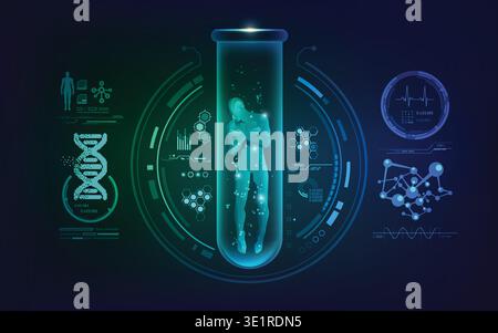 concept of genetic engineering or biotechnology, graphic of human in a test tube with science interface Stock Vector