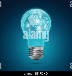 graphic of realistic light bulb with digital globe inside, concept of creative world technology Stock Vector