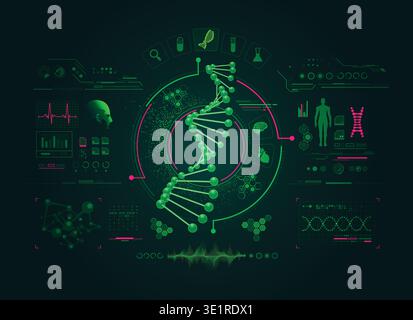concept of medical healthcare technology, graphic of DNA strain  with biotechnology interface Stock Vector