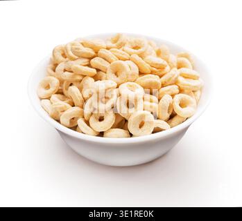 Corn rings in bowl isolated on white Stock Photo