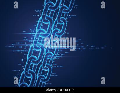 concept of block chain or cyberspace technology, realistic chain with low poly wireframe and binary code Stock Vector